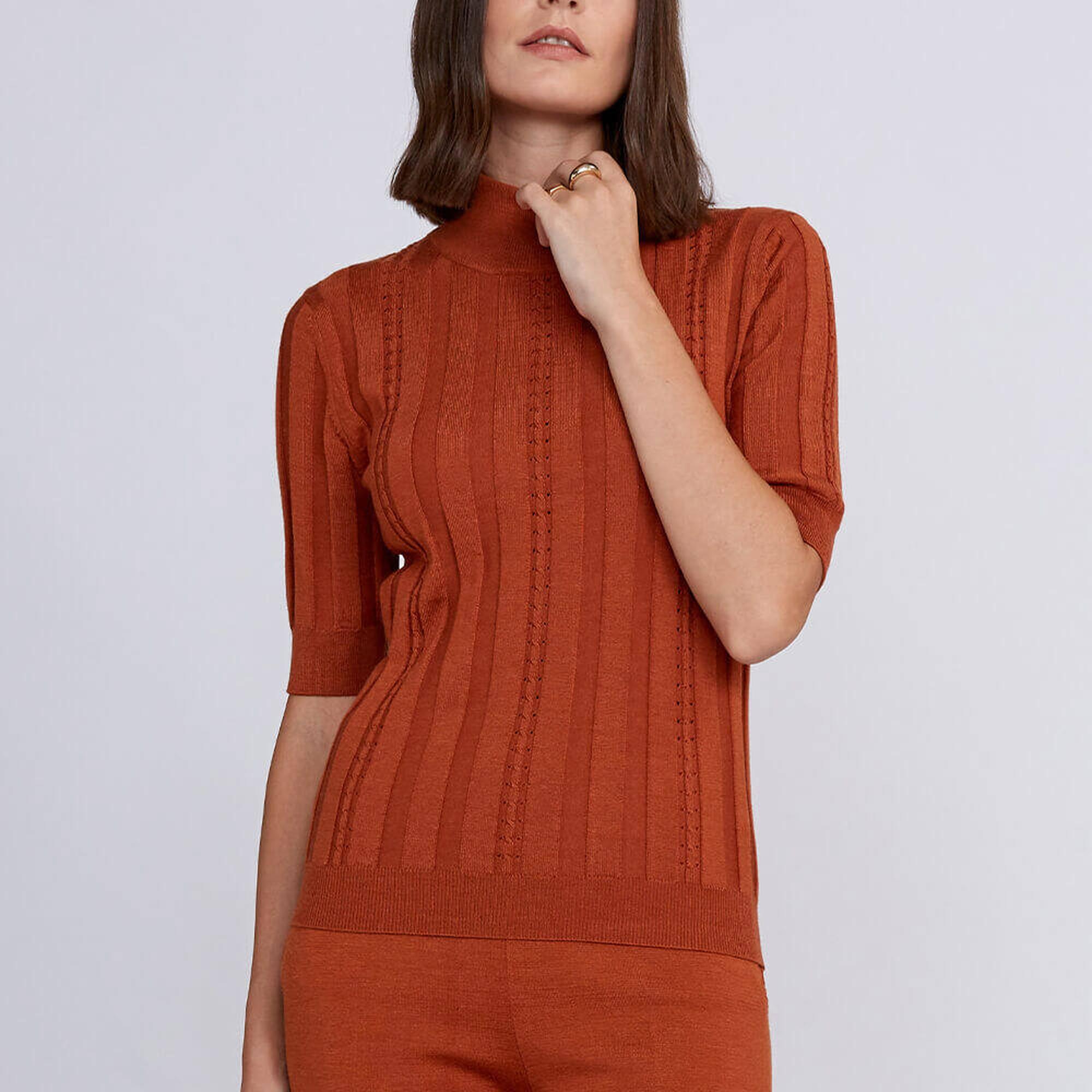 Knitss Kısa Kollu Balıkçı Yaka Merino Yün Turuncu Triko Üst