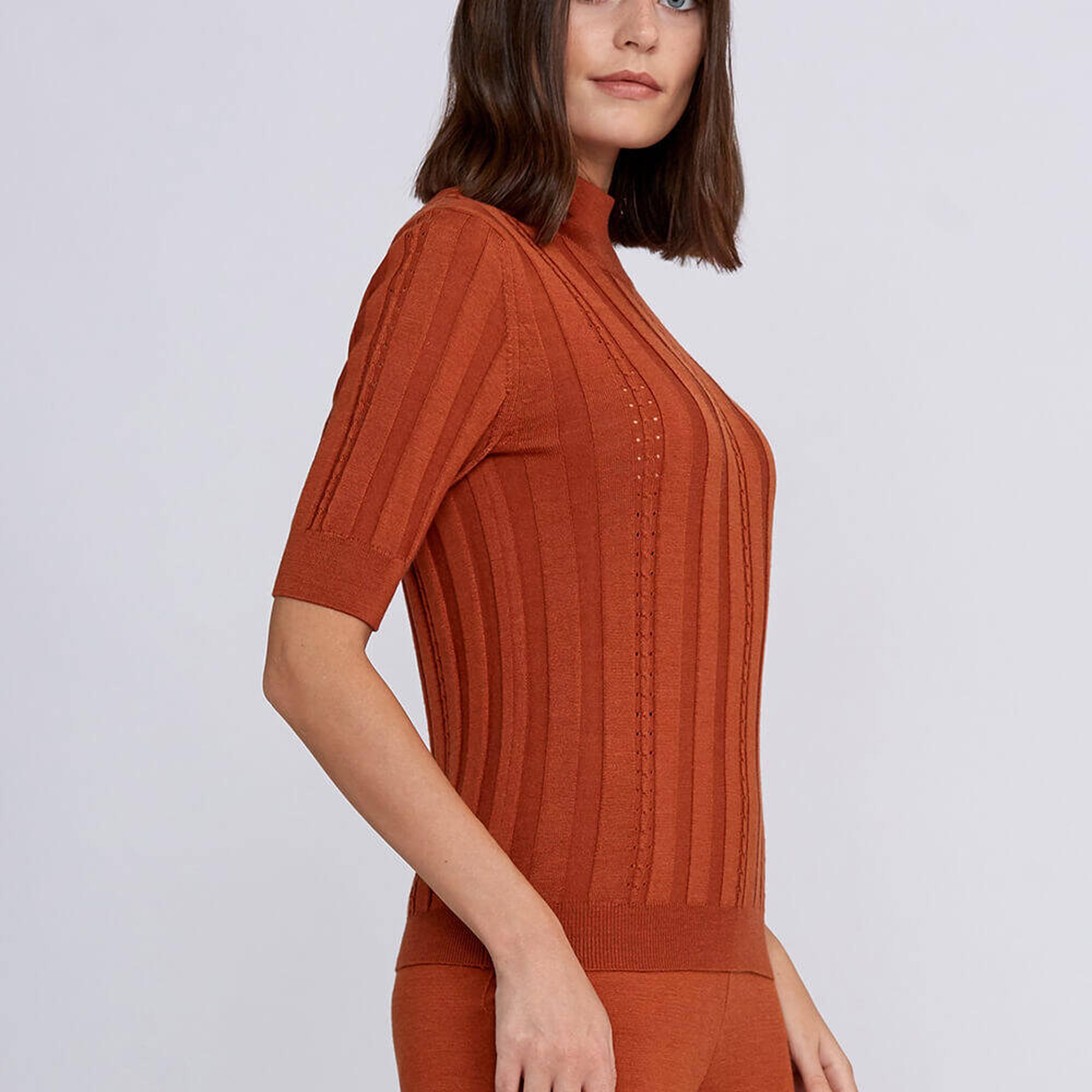 Knitss Kısa Kollu Balıkçı Yaka Merino Yün Turuncu Triko Üst