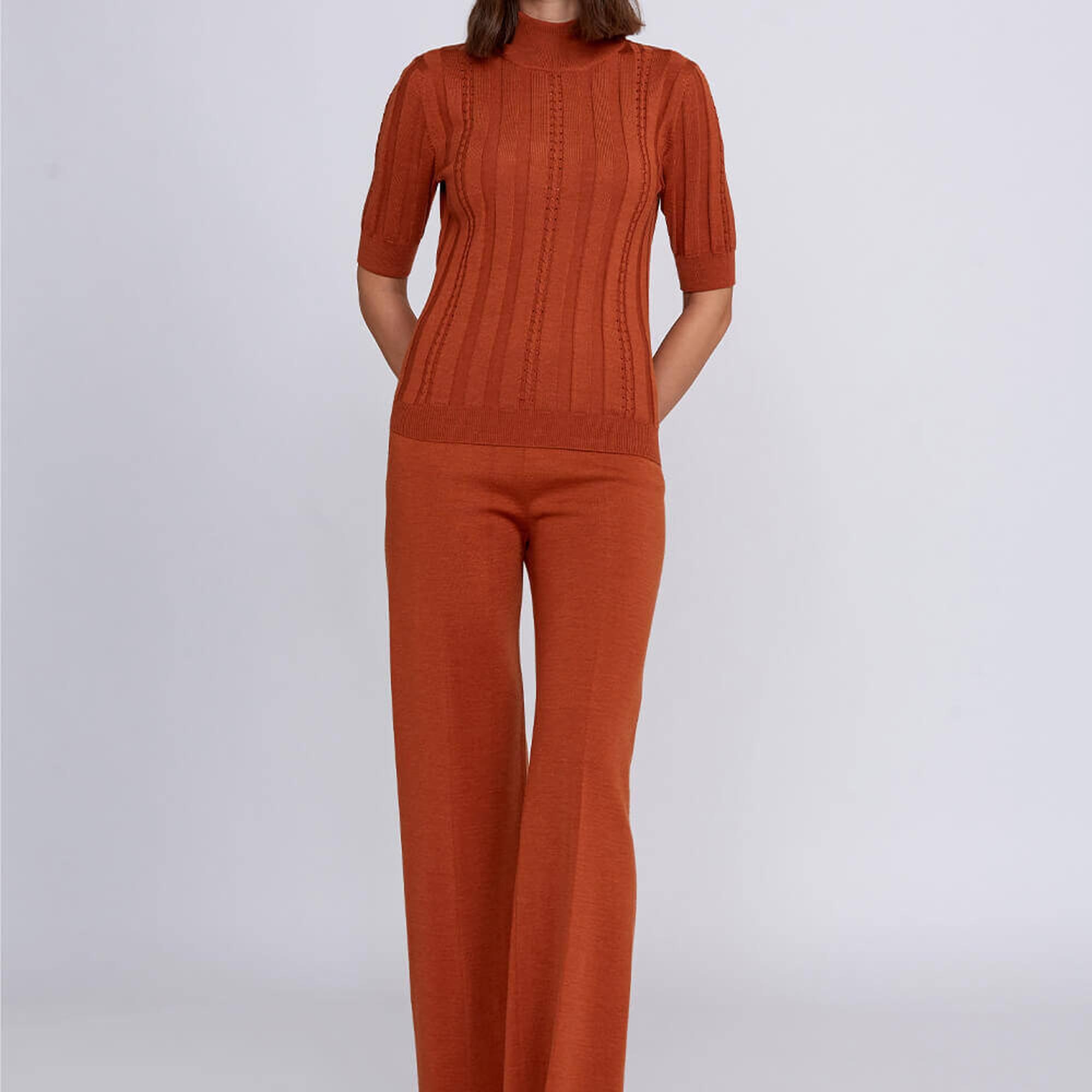 Knitss Kısa Kollu Balıkçı Yaka Merino Yün Turuncu Triko Üst