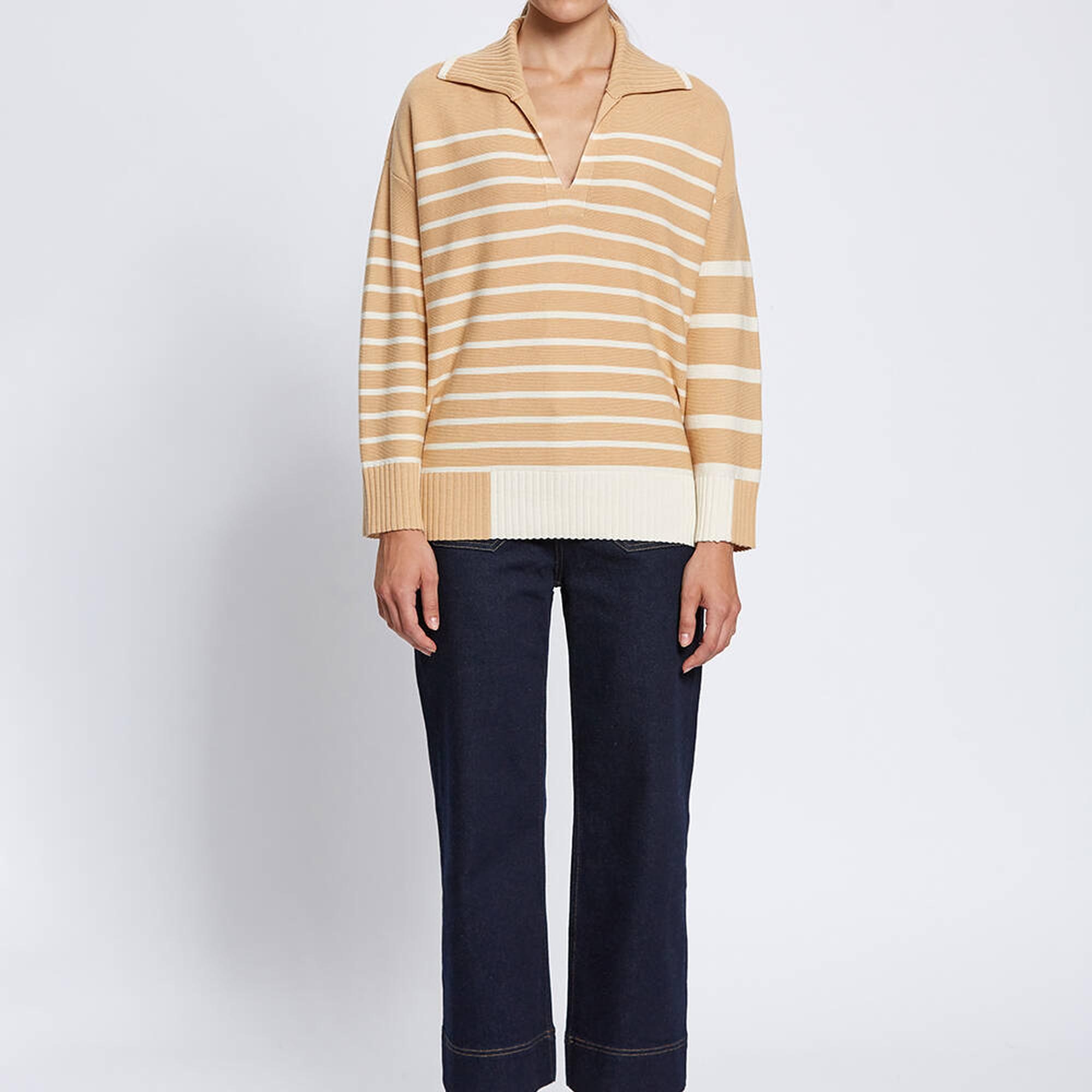 Knitss Organik Pamuk Yün Karışımlı Çizgili Camel Triko