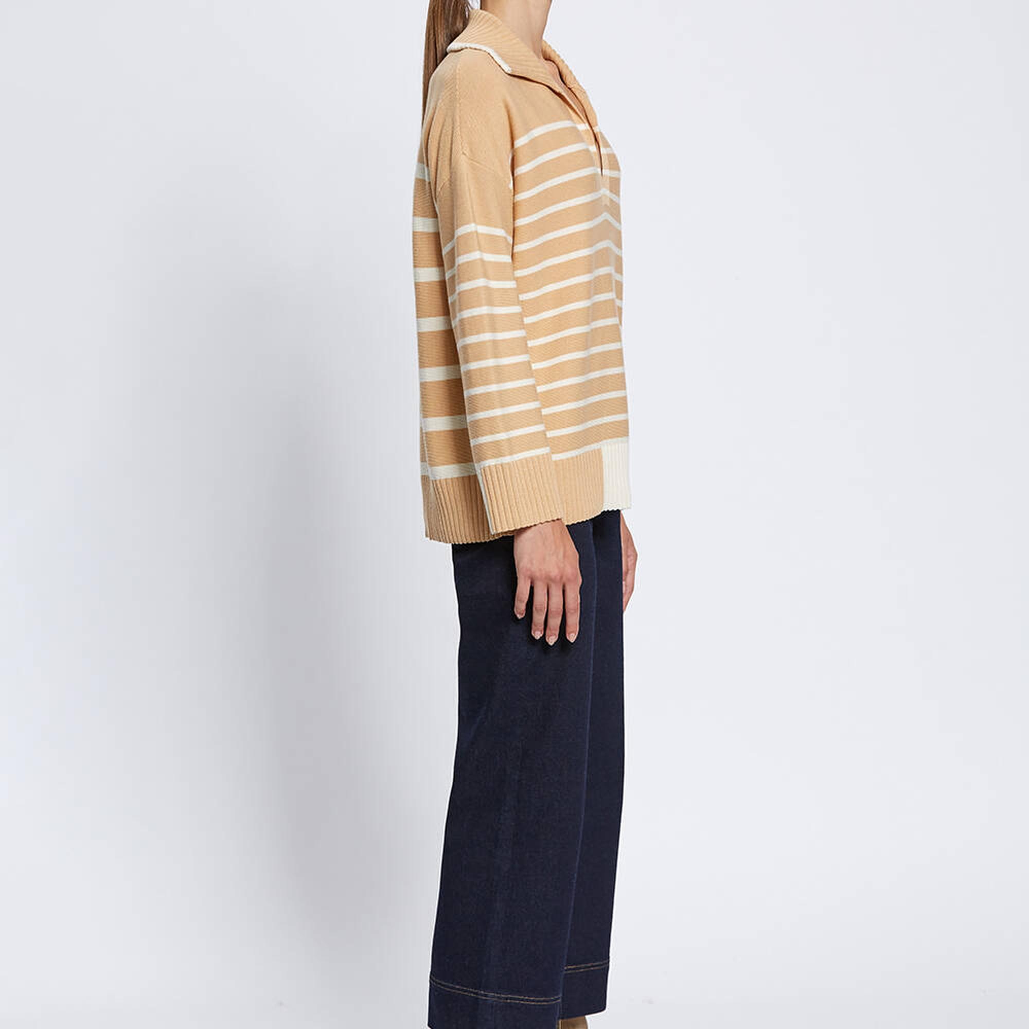Knitss Organik Pamuk Yün Karışımlı Çizgili Camel Triko