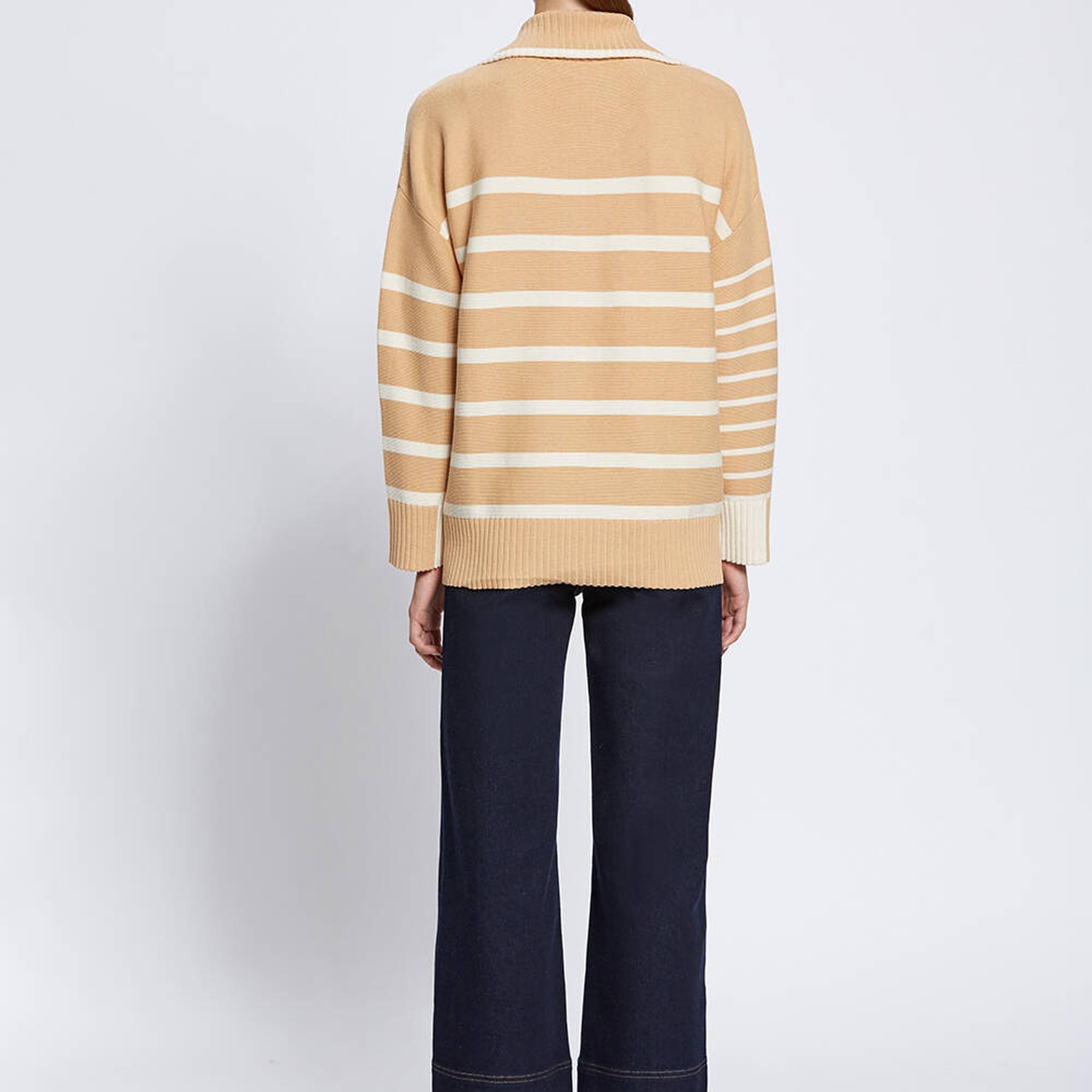 Knitss Organik Pamuk Yün Karışımlı Çizgili Camel Triko