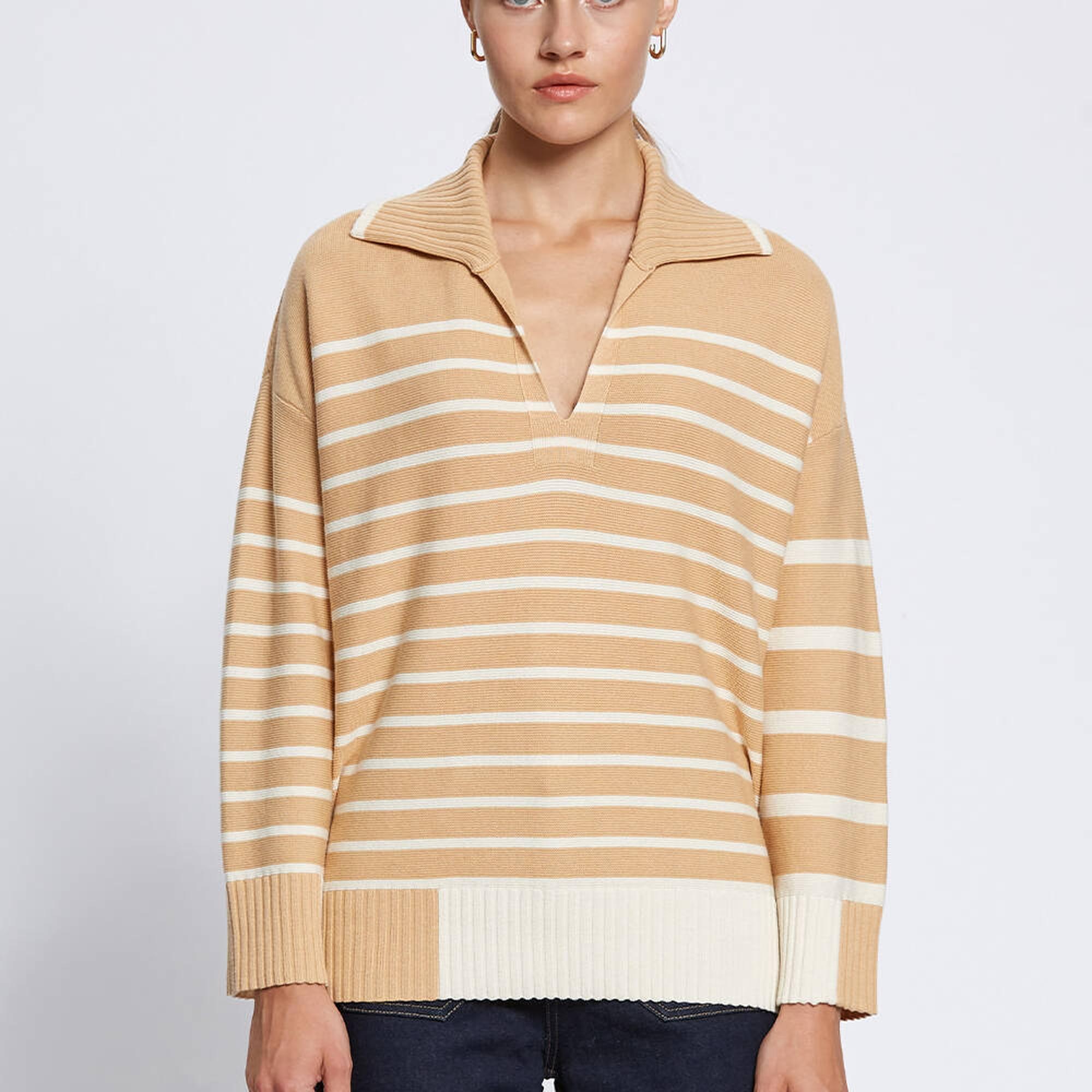 Knitss Organik Pamuk Yün Karışımlı Çizgili Camel Triko