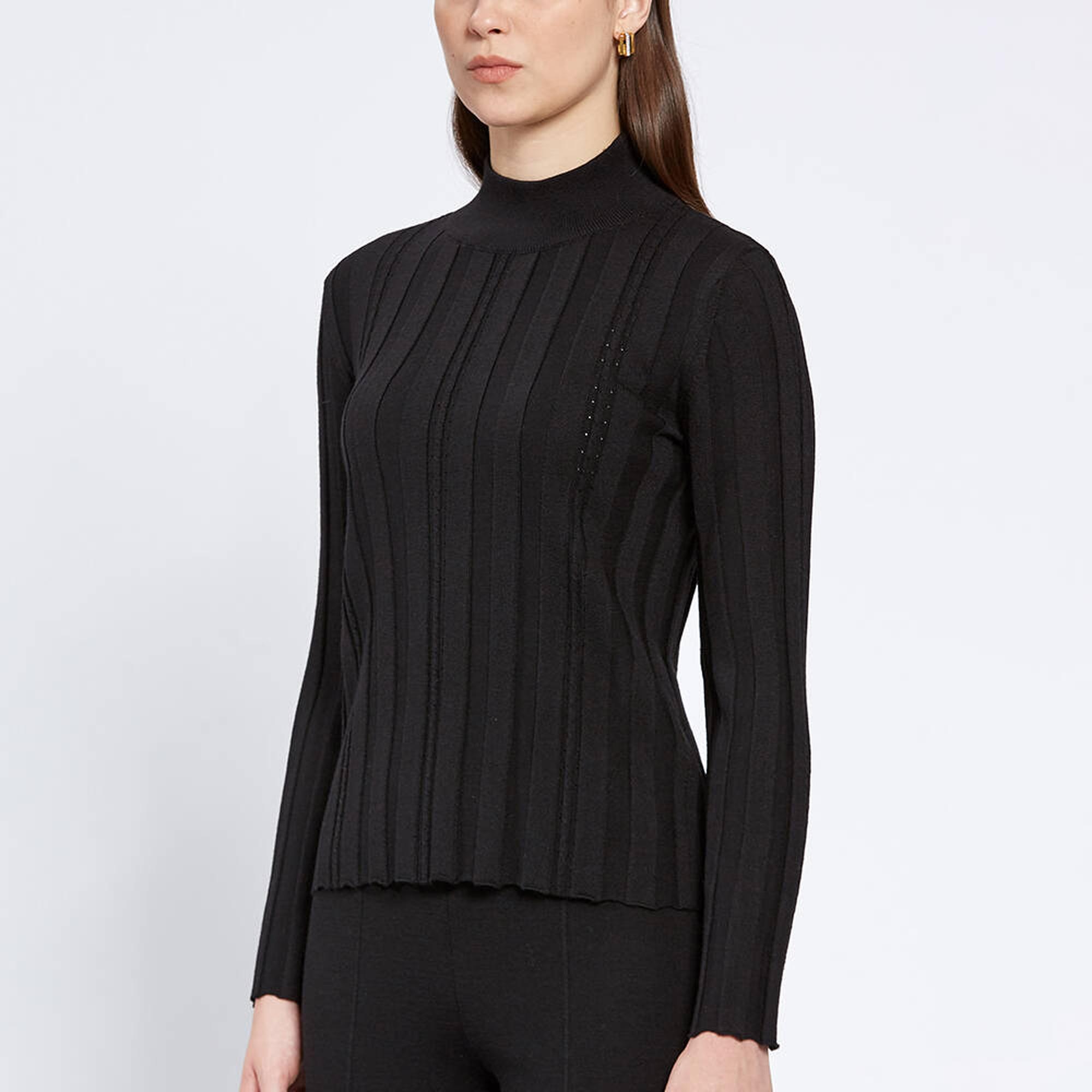 Knitss Uzun Kollu Balıkçı Yaka Merino Yün Siyah Triko