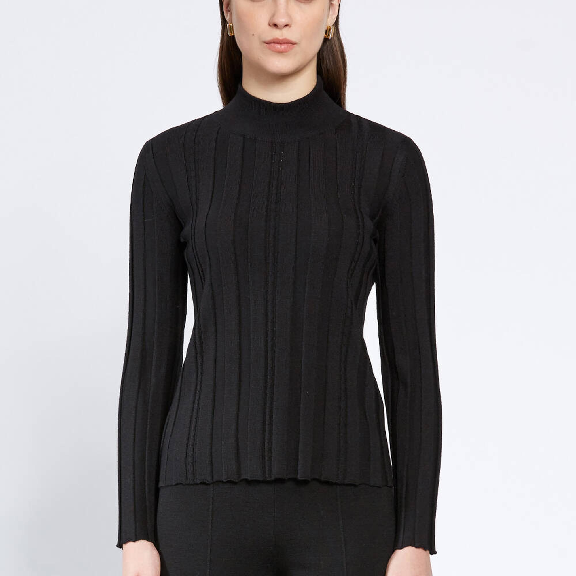 Knitss Uzun Kollu Balıkçı Yaka Merino Yün Siyah Triko