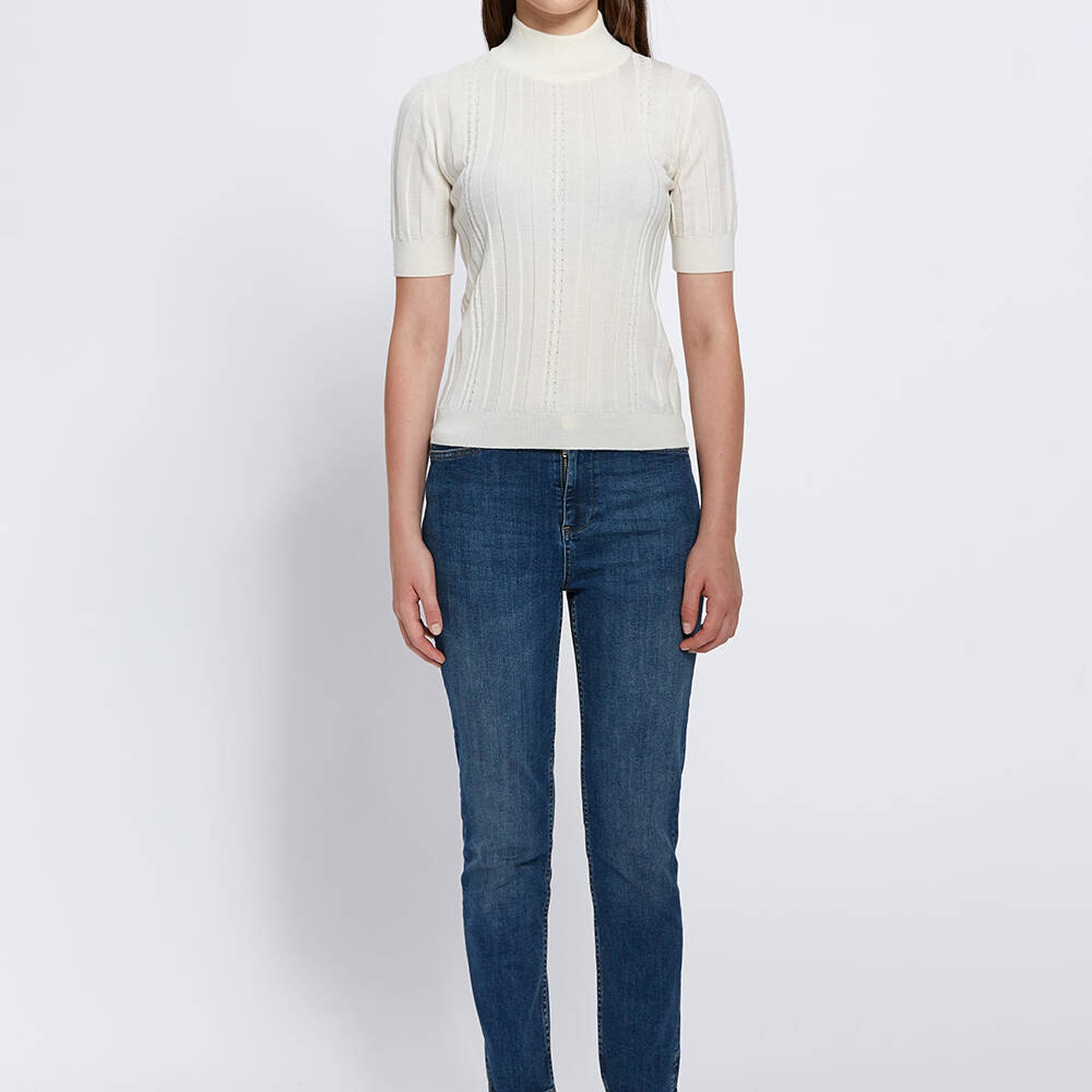 Knitss Kısa Kollu Balıkçı Yaka Merino Yün Ekru Triko Üst