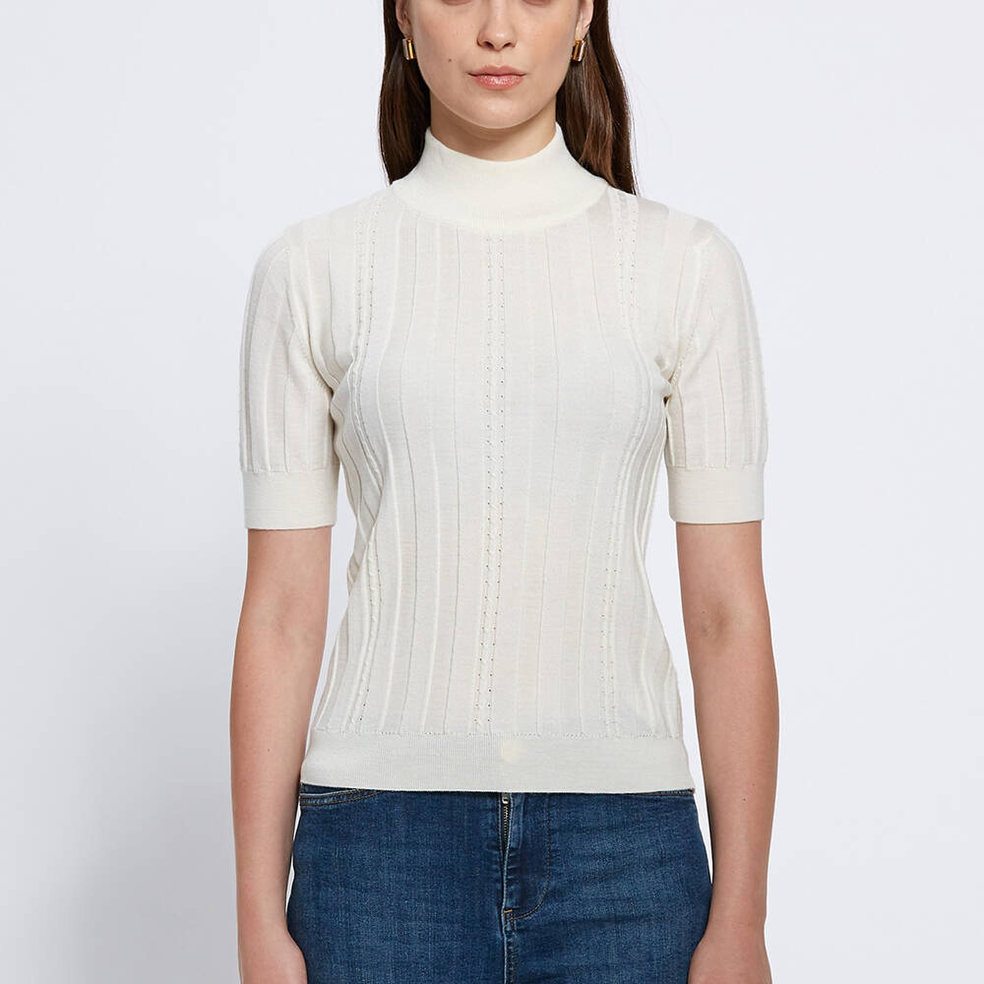 Knitss Kısa Kollu Balıkçı Yaka Merino Yün Ekru Triko Üst