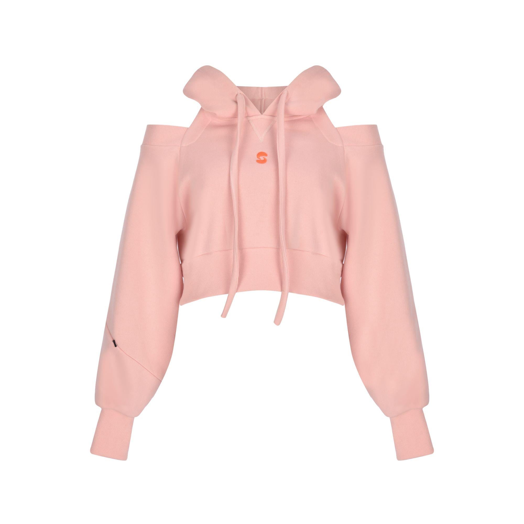Nasaqu Kadın Açık Omuzlu Pembe Crop Top Hoodie