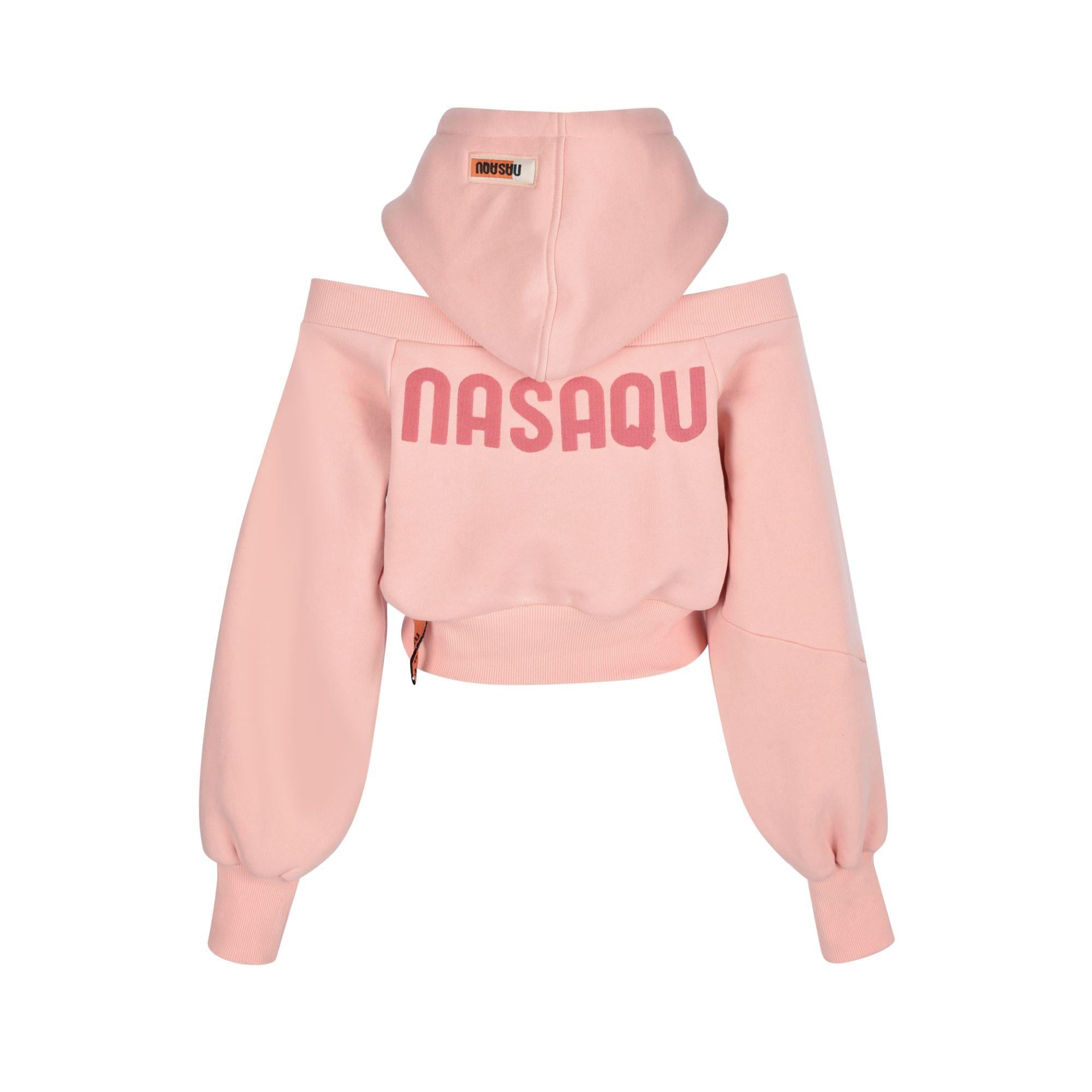 Nasaqu Kadın Açık Omuzlu Pembe Crop Top Hoodie