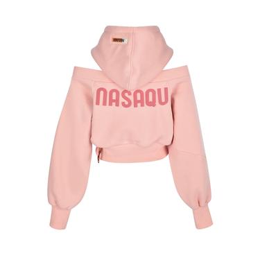  Nasaqu Kadın Açık Omuzlu Pembe Crop Top Hoodie