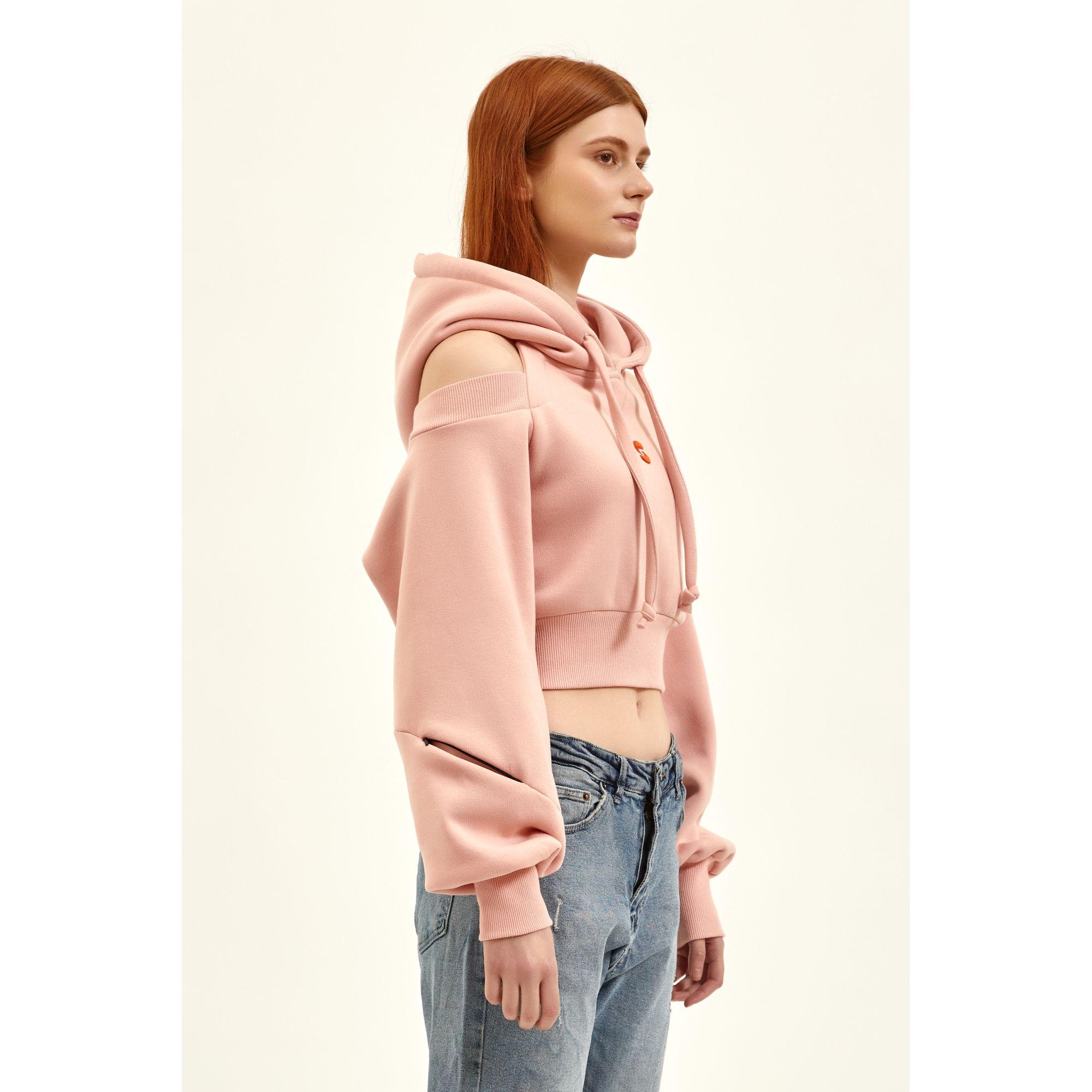 Nasaqu Kadın Açık Omuzlu Pembe Crop Top Hoodie