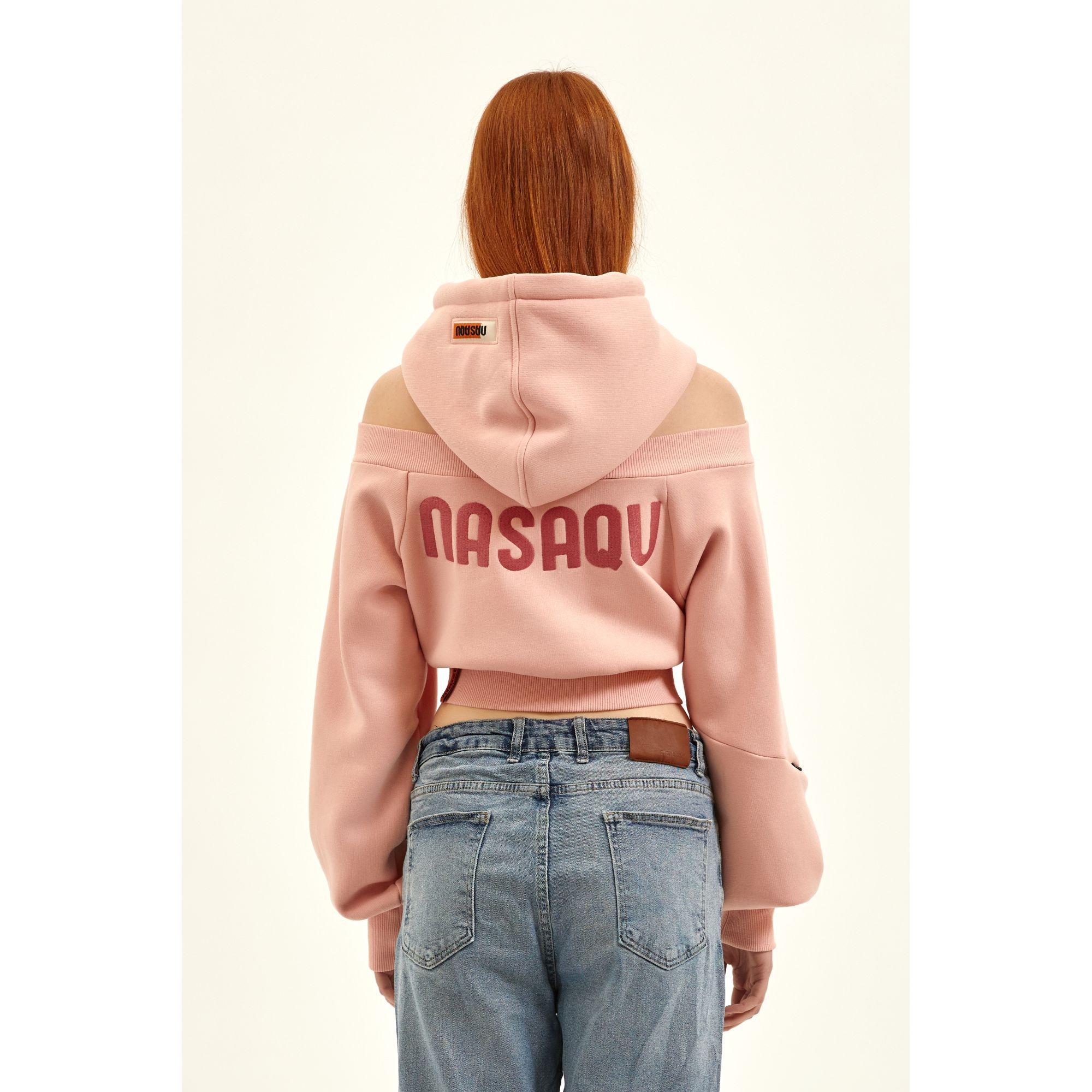 Nasaqu Kadın Açık Omuzlu Pembe Crop Top Hoodie