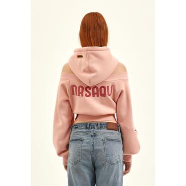  Nasaqu Kadın Açık Omuzlu Pembe Crop Top Hoodie