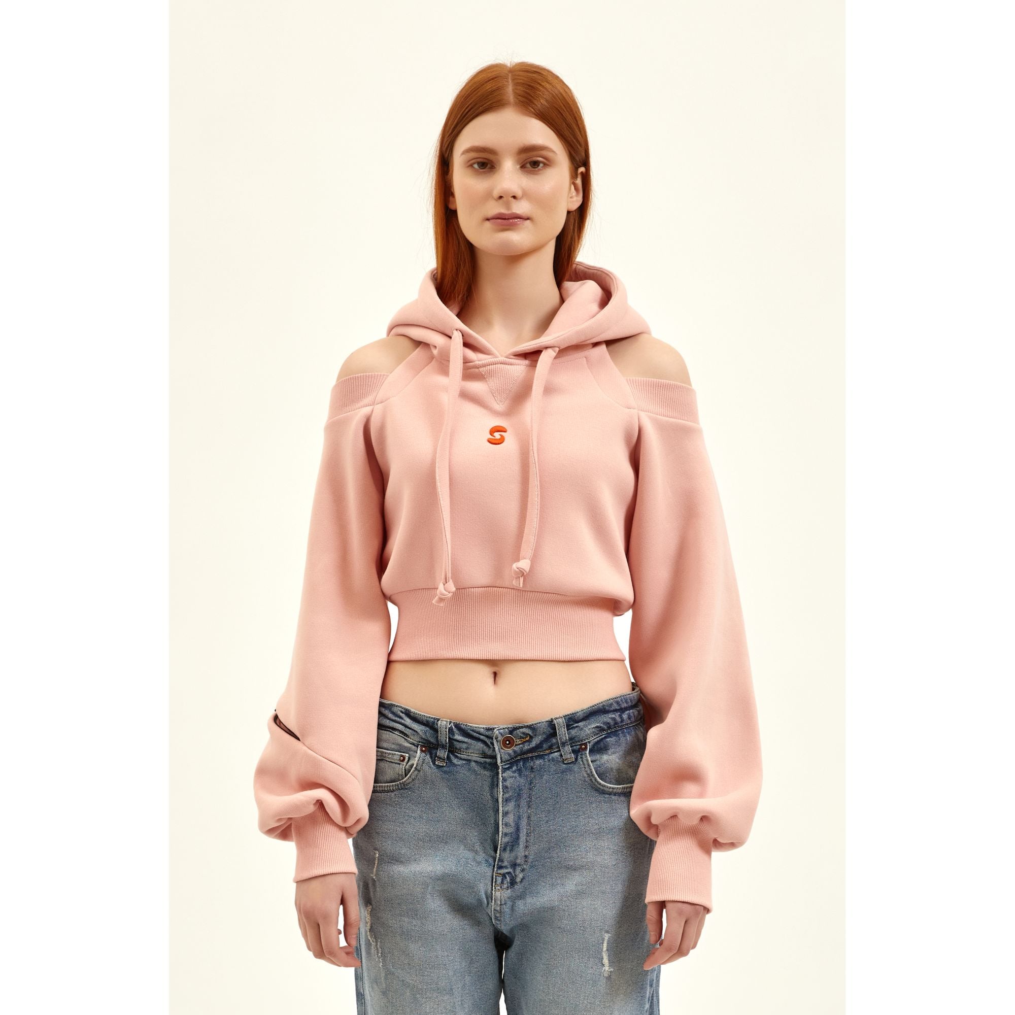  Nasaqu Kadın Açık Omuzlu Pembe Crop Top Hoodie