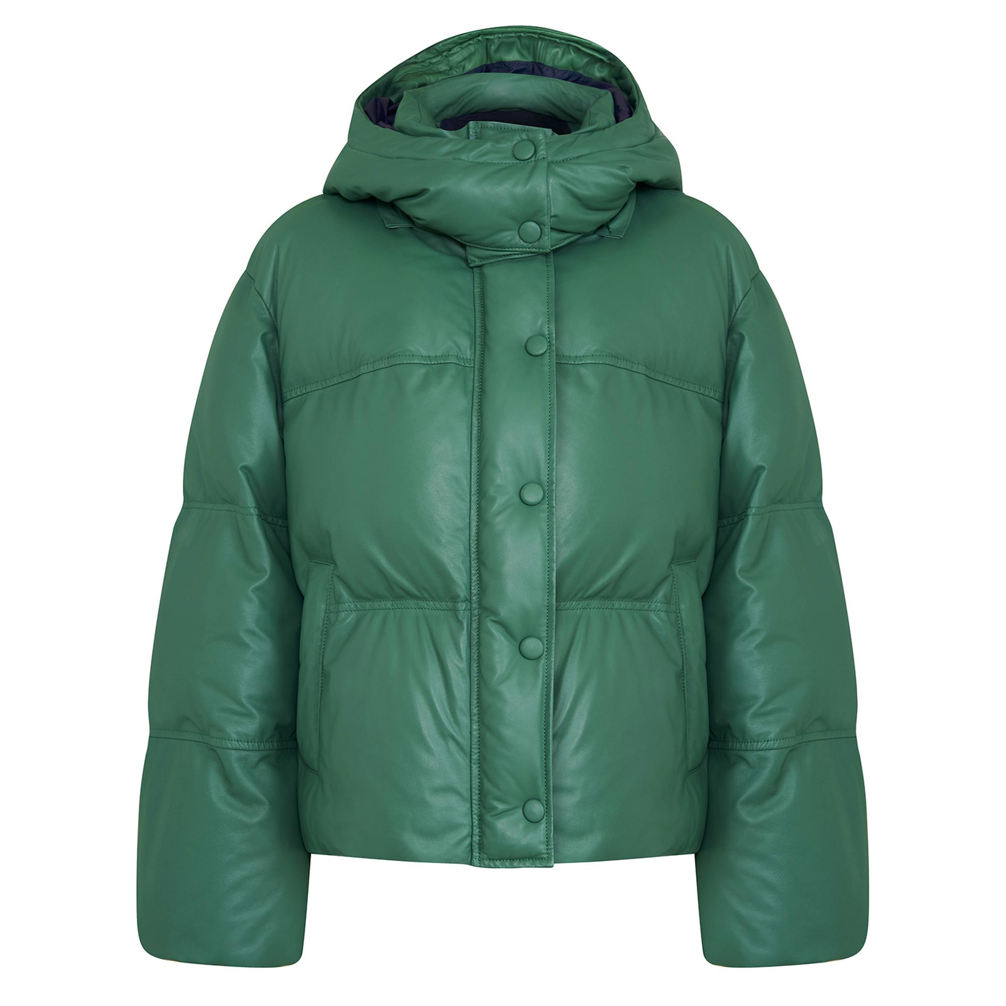 Jenna Yeşil Kadın Kapüşonlu Puffer Deri Mont