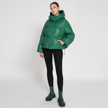  Jenna Yeşil Kadın Kapüşonlu Puffer Deri Mont