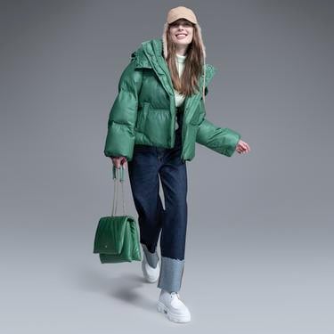  Jenna Yeşil Kadın Kapüşonlu Puffer Deri Mont