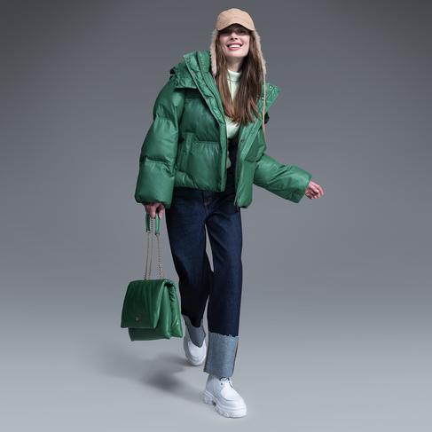  Jenna Yeşil Kadın Kapüşonlu Puffer Deri Mont