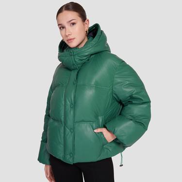  Jenna Yeşil Kadın Kapüşonlu Puffer Deri Mont