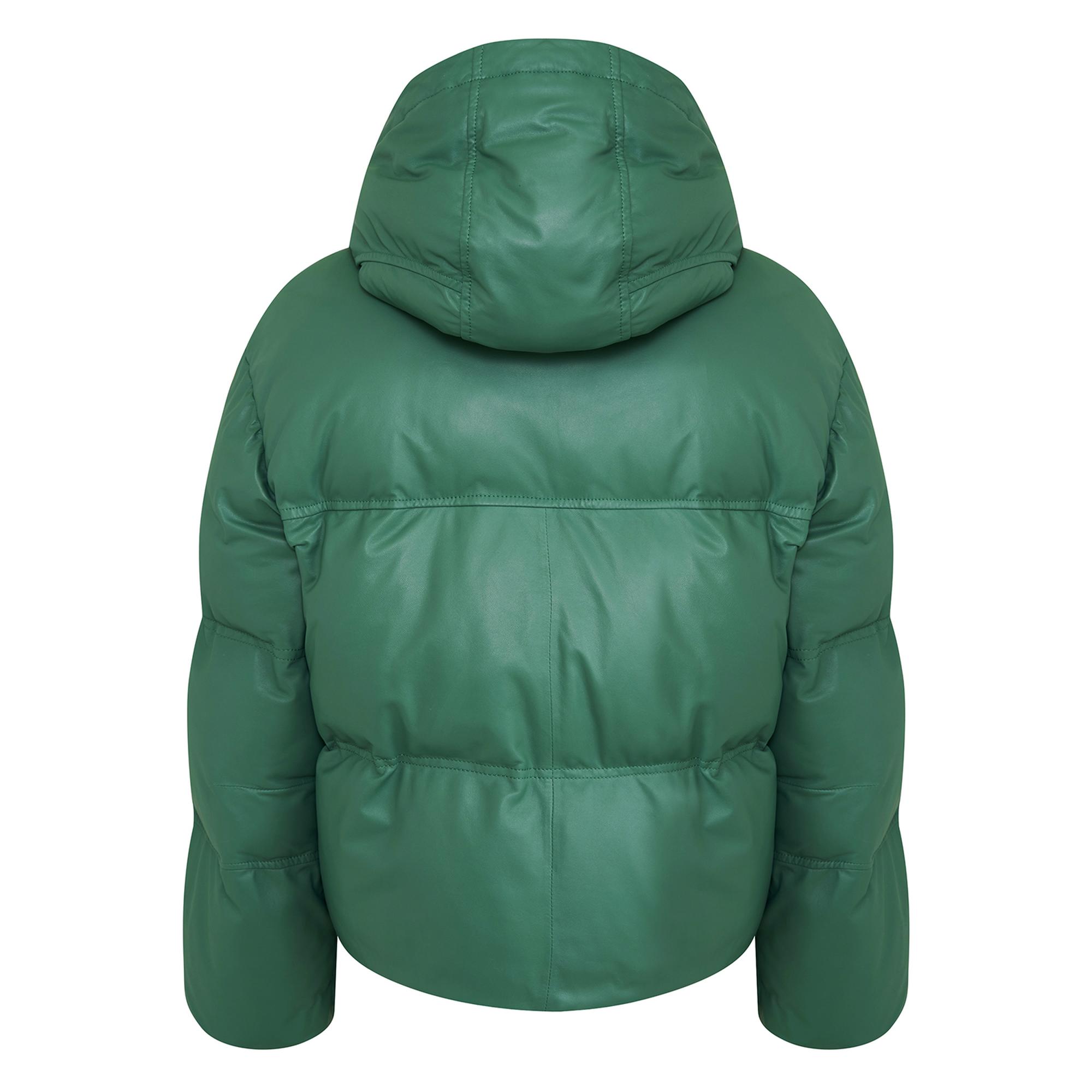 Jenna Yeşil Kadın Kapüşonlu Puffer Deri Mont