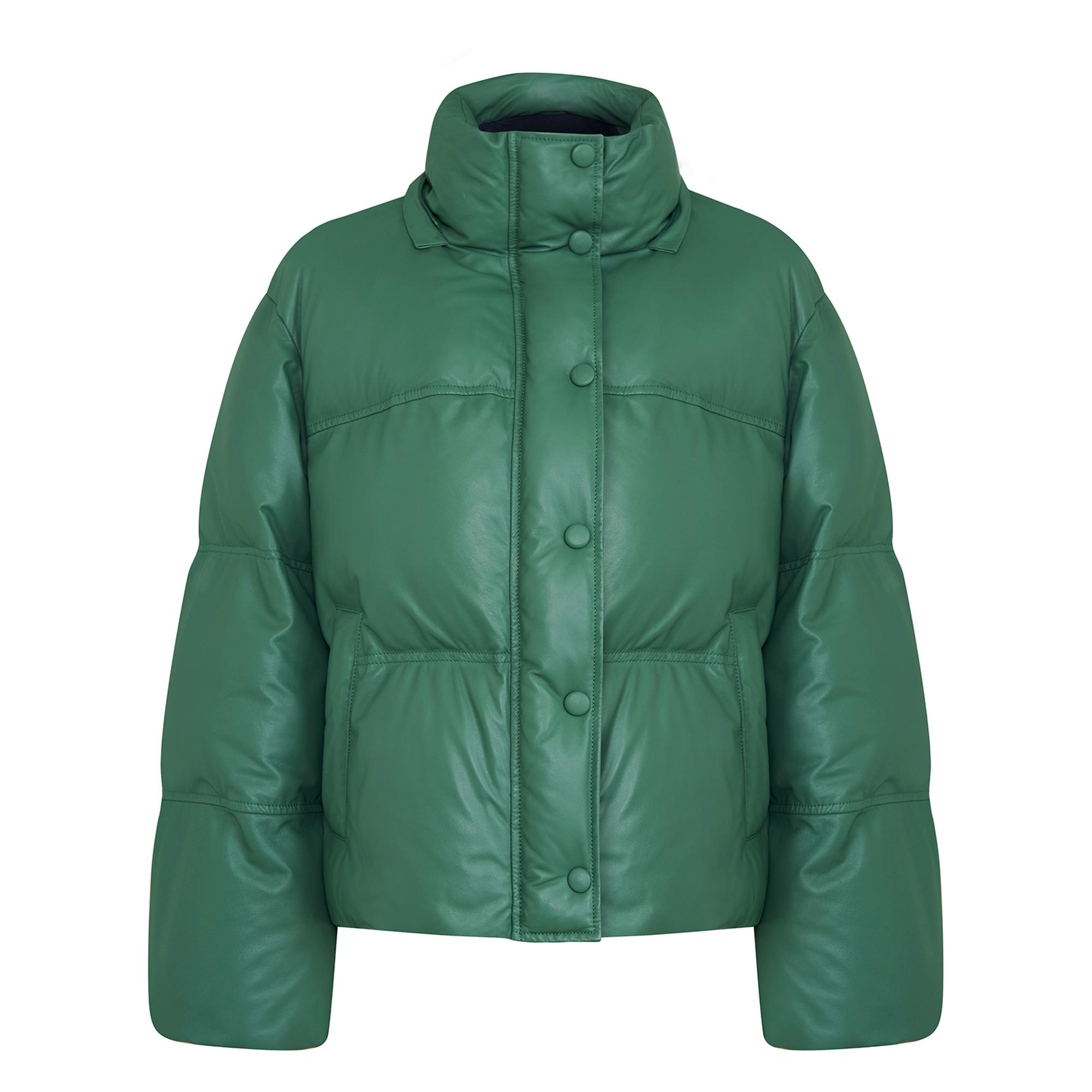 Jenna Yeşil Kadın Kapüşonlu Puffer Deri Mont