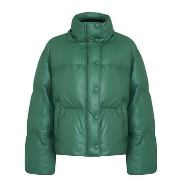  Jenna Yeşil Kadın Kapüşonlu Puffer Deri Mont