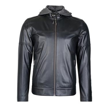  Selino Siyah Erkek Kapüşonlü Deri Mont