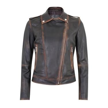  Benvolio Kahve Kadın Vintage Biker Deri Ceket