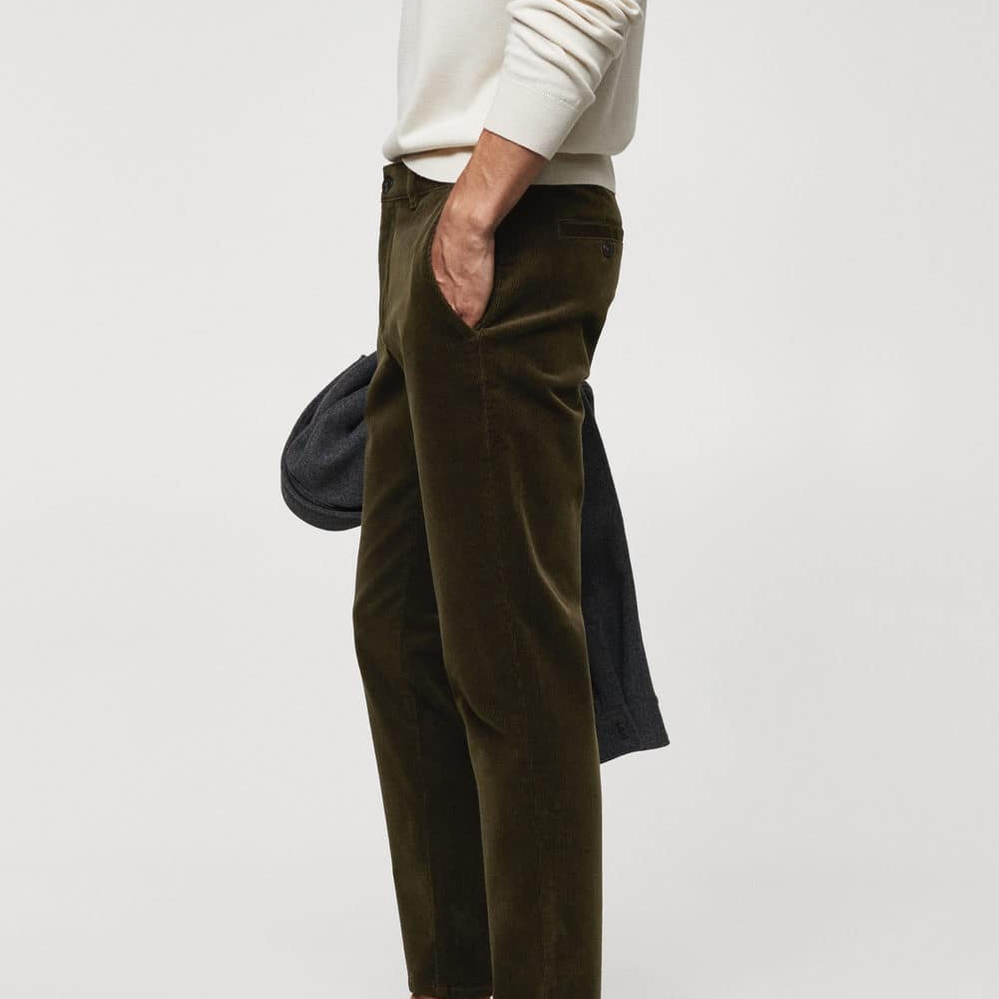 Mango Erkek Büzgülü Dar Kesim Fitilli Kadife Pantolon Haki