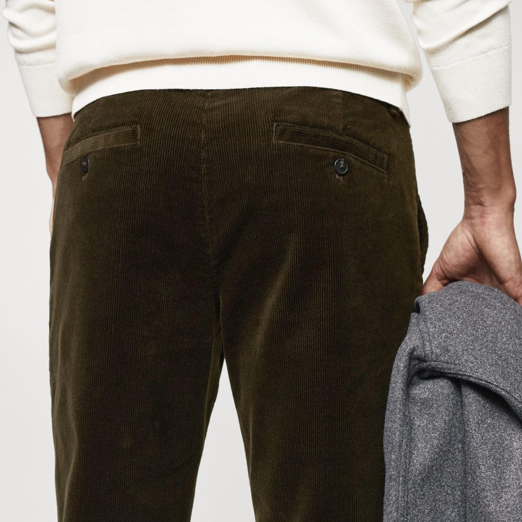 Mango Erkek Büzgülü Dar Kesim Fitilli Kadife Pantolon Haki