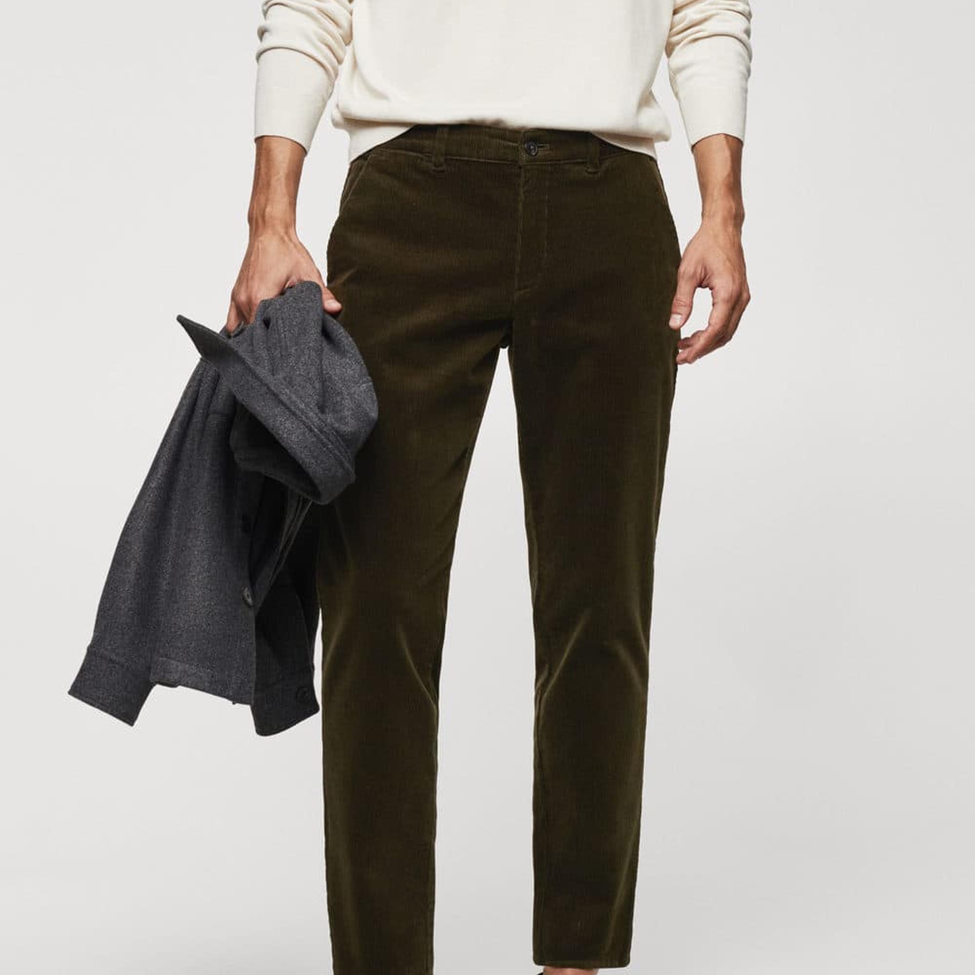 Mango Erkek Büzgülü Dar Kesim Fitilli Kadife Pantolon Haki