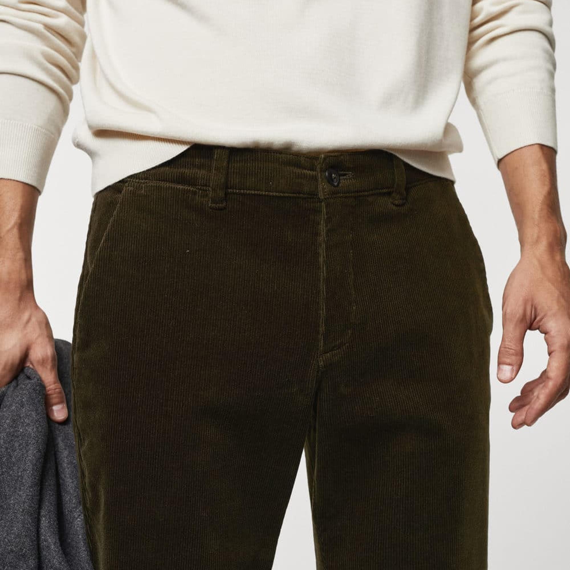 Mango Erkek Büzgülü Dar Kesim Fitilli Kadife Pantolon Haki