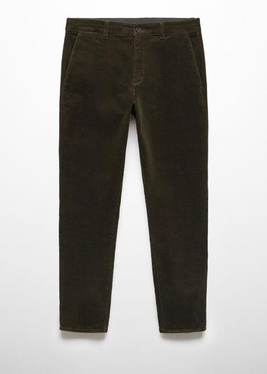  Mango Erkek Büzgülü Dar Kesim Fitilli Kadife Pantolon Haki