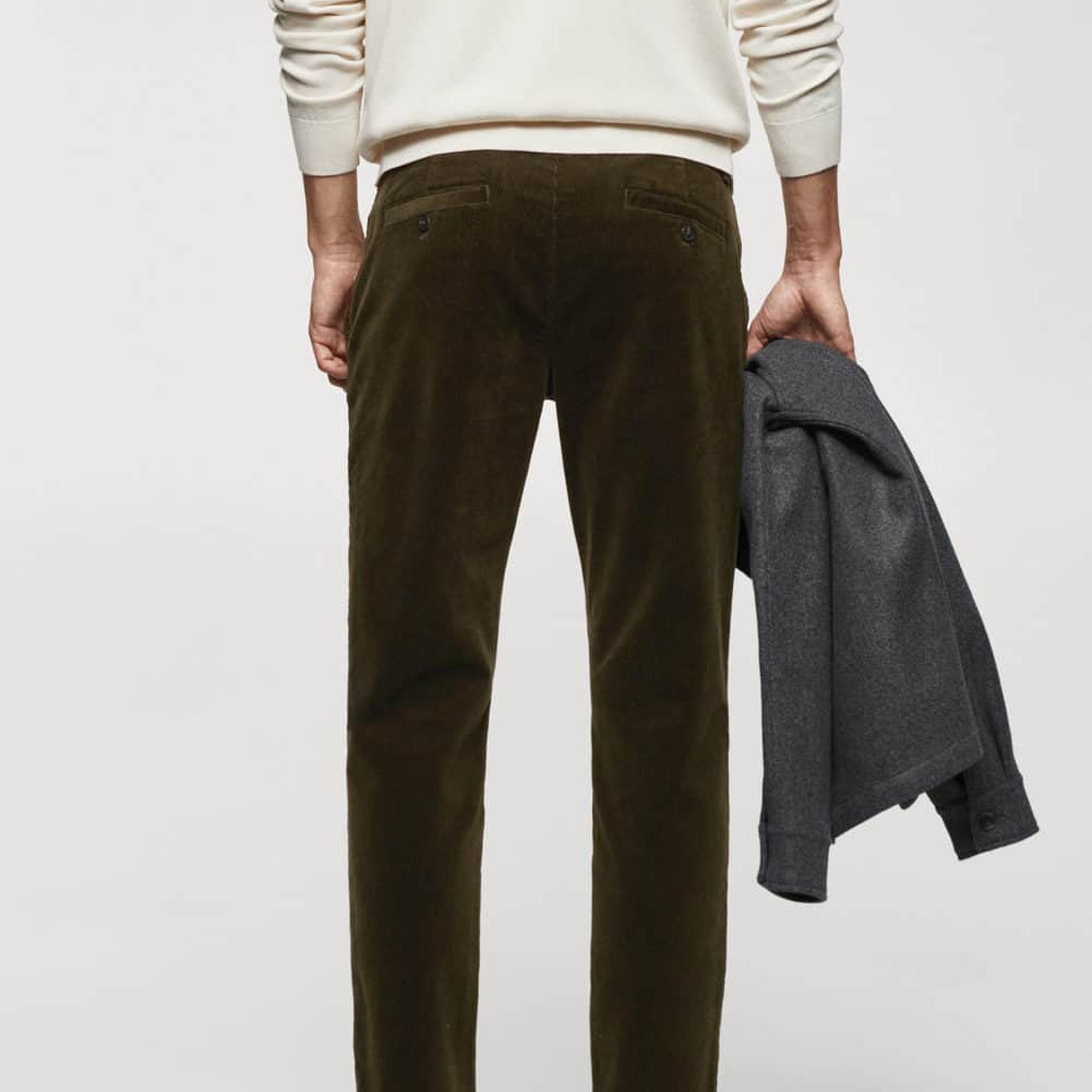 Mango Erkek Büzgülü Dar Kesim Fitilli Kadife Pantolon Haki