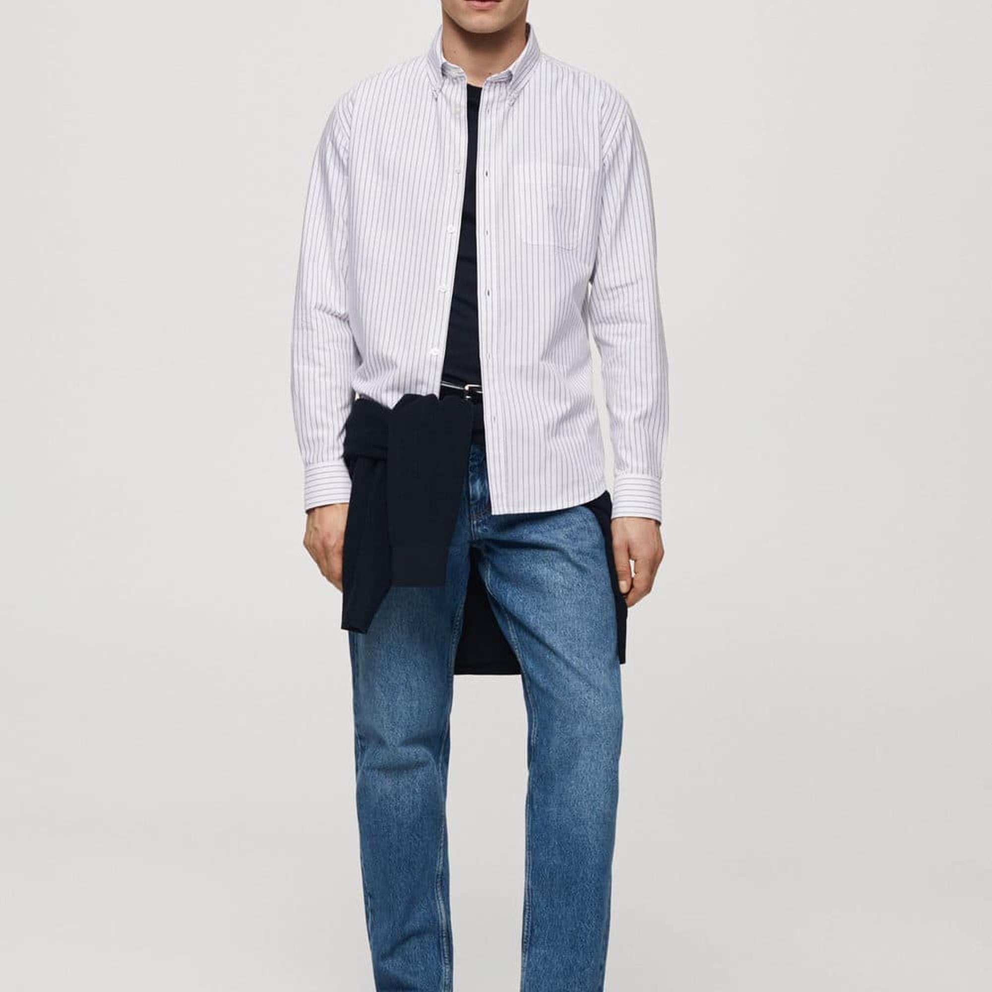 Mango Erkek %100 Pamuklu Kodak Çizgili Gömlek Beyaz