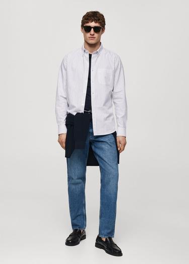 Mango Erkek %100 Pamuklu Kodak Çizgili Gömlek Beyaz