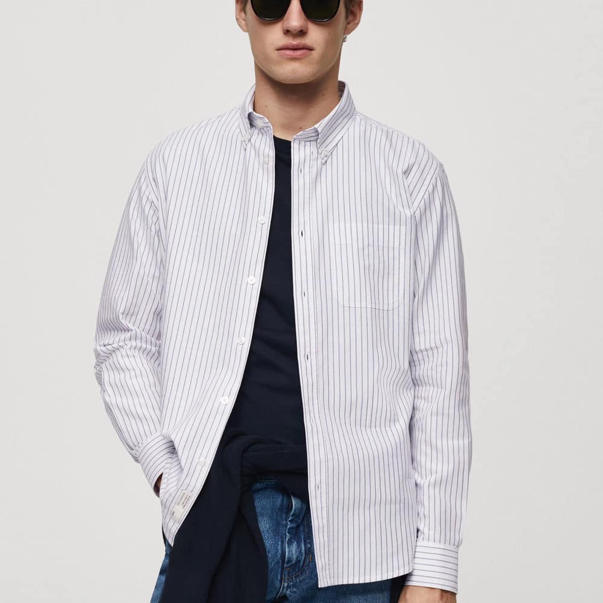 Mango Erkek %100 Pamuklu Kodak Çizgili Gömlek Beyaz