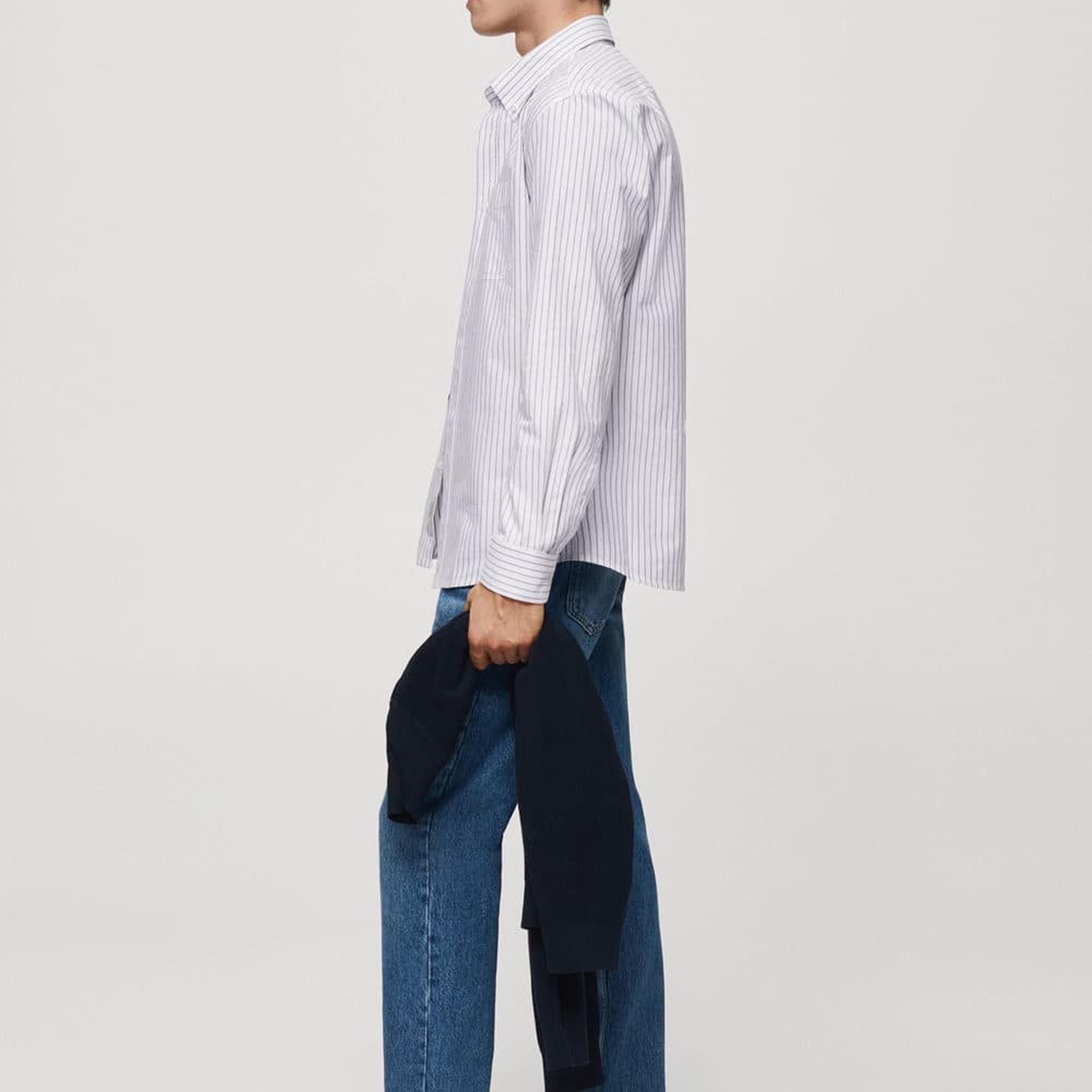 Mango Erkek %100 Pamuklu Kodak Çizgili Gömlek Beyaz