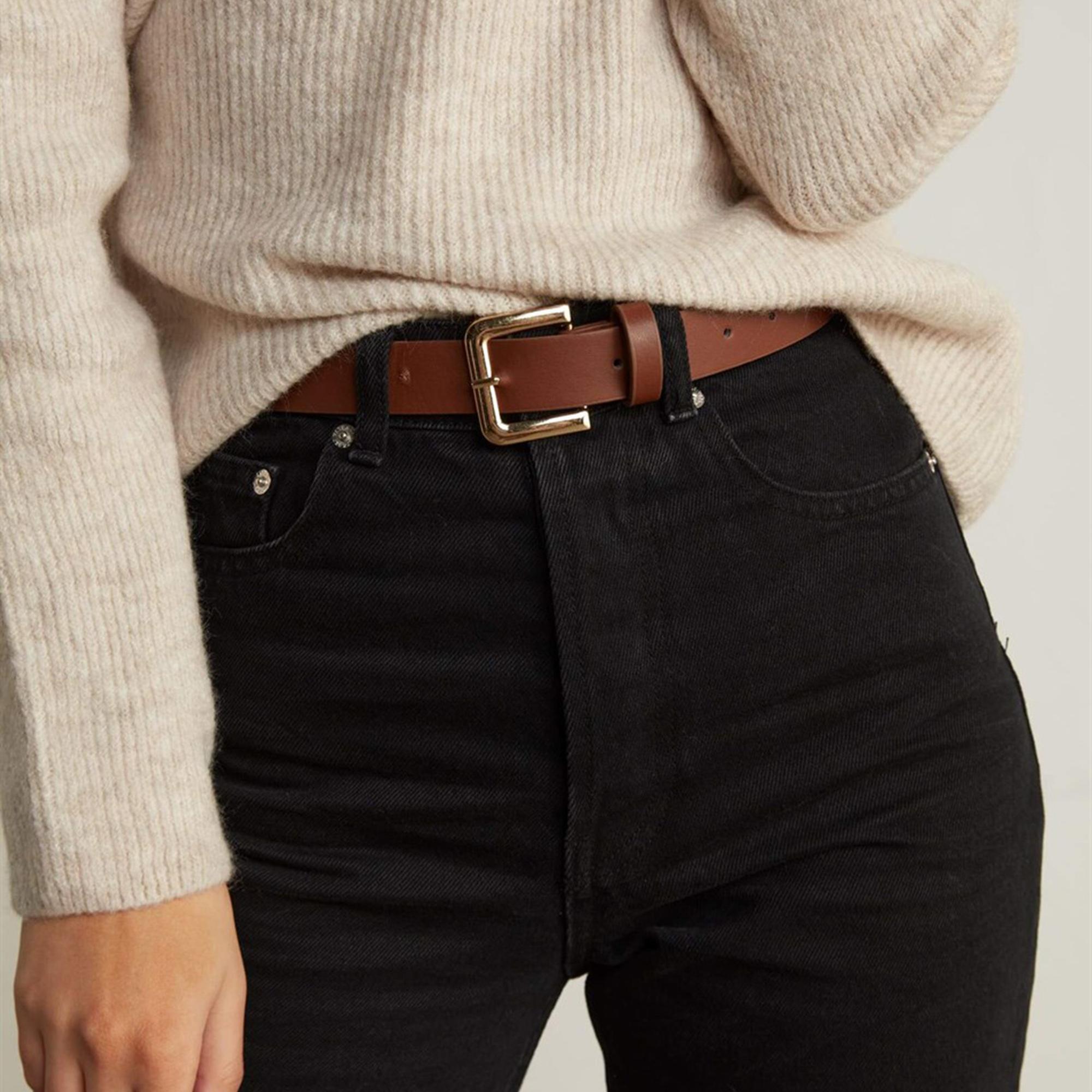 Vatkalı Kadın Gold Kare Tokalı Deri Kemer Kahverengi Kahverengi