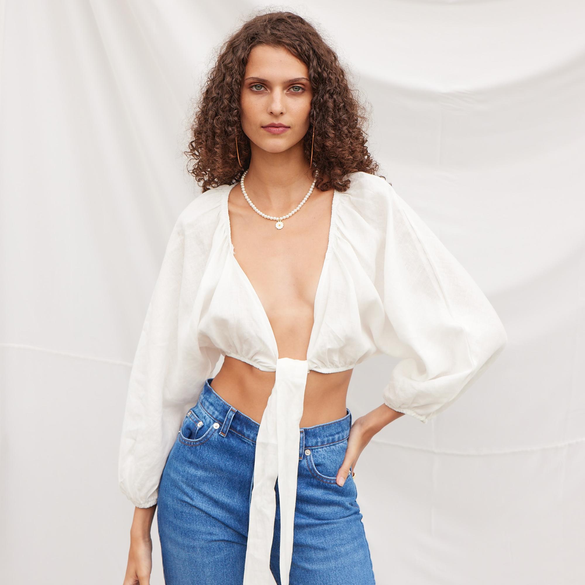 Vatkalı Kadın Bağlamalı Keten Bluz Ekru Beyaz