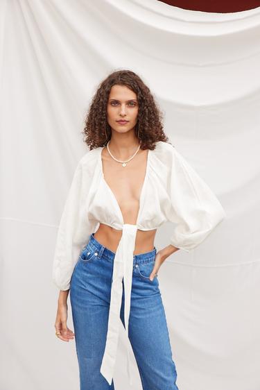  Vatkalı Kadın Bağlamalı Keten Bluz Ekru Beyaz