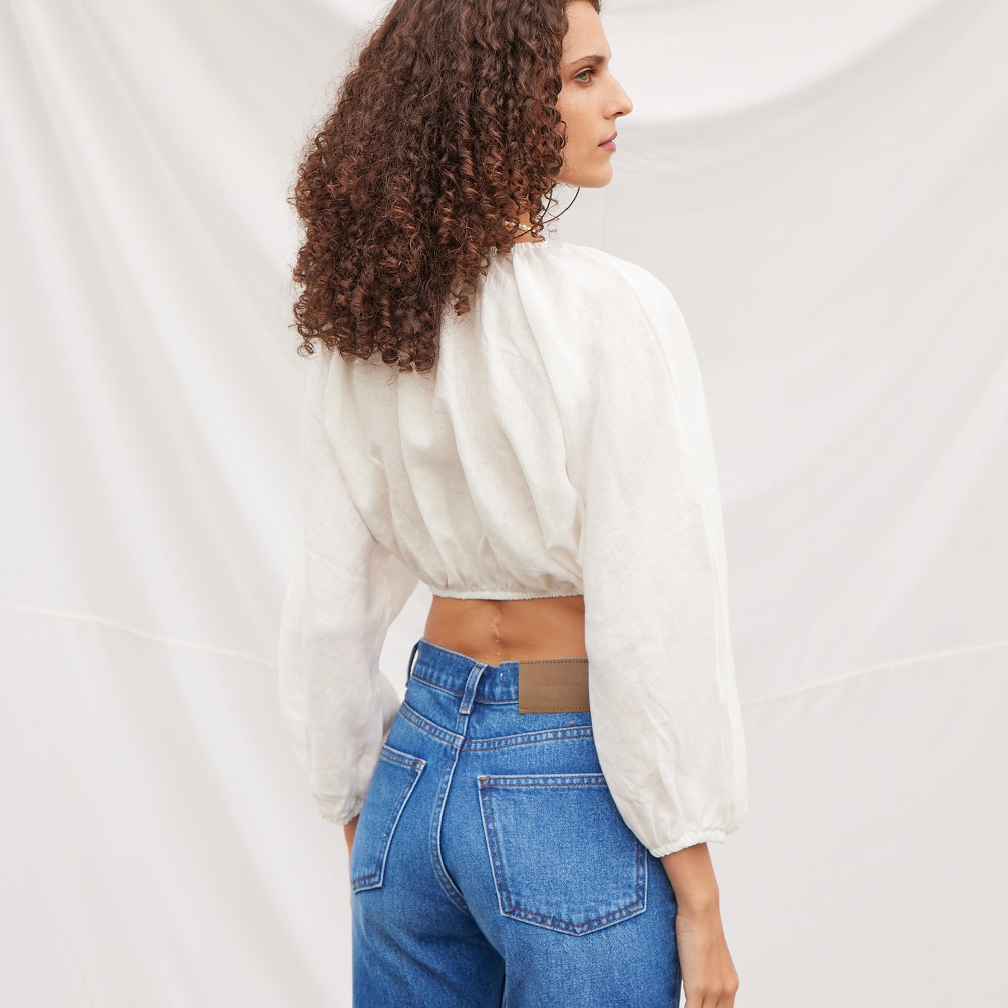 Vatkalı Kadın Bağlamalı Keten Bluz Ekru Beyaz