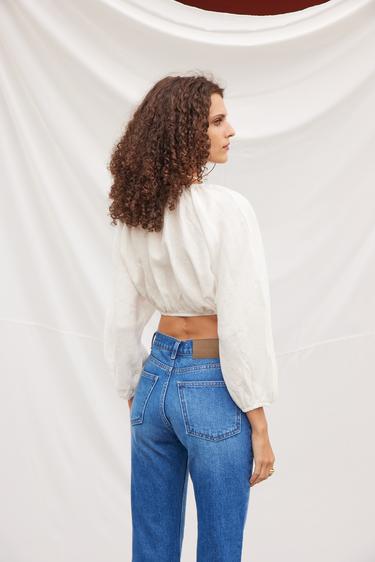  Vatkalı Kadın Bağlamalı Keten Bluz Ekru Beyaz