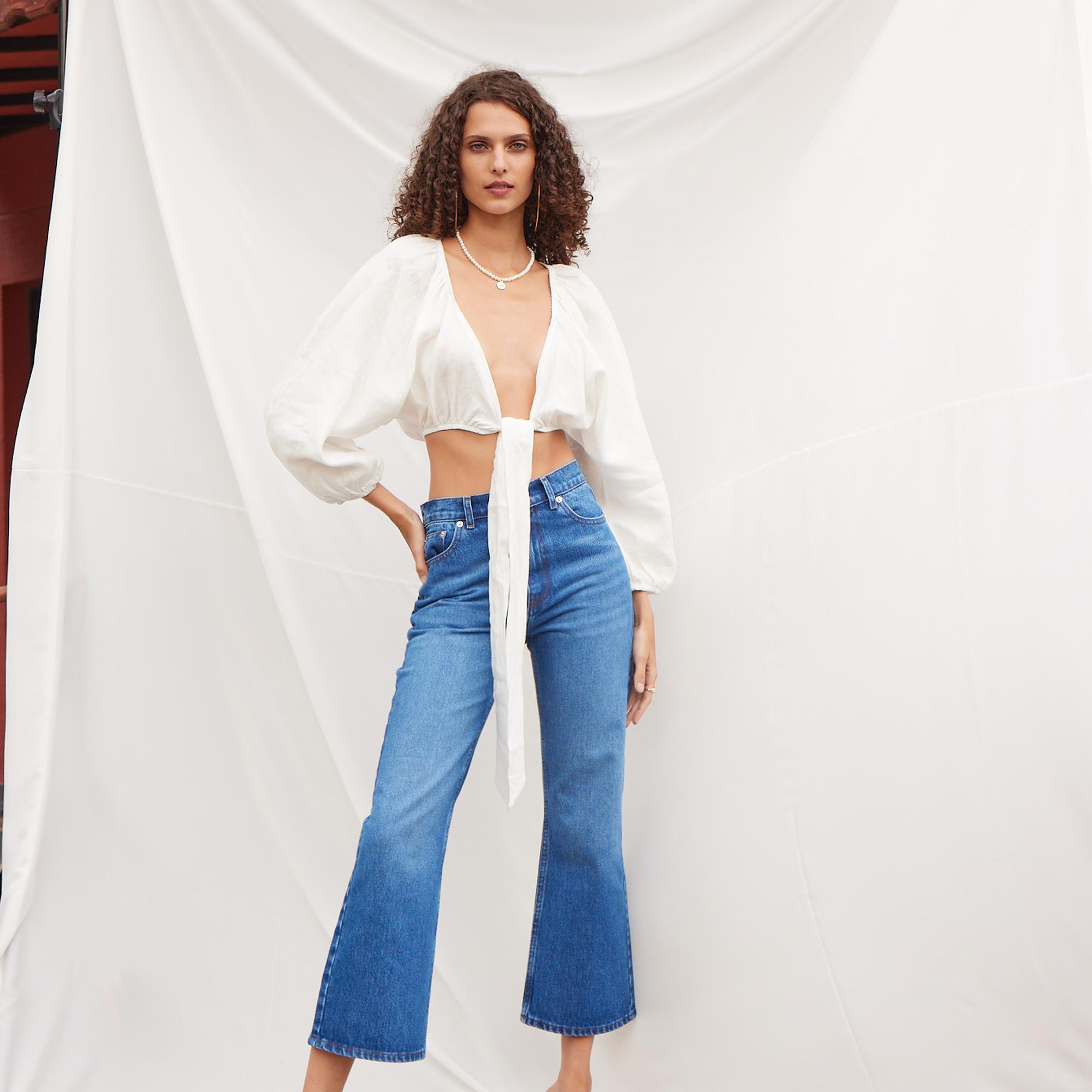 Vatkalı Kadın Bağlamalı Keten Bluz Ekru Beyaz