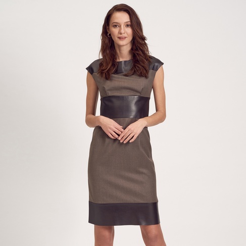  Deri Kombinli Kolsuz Kadın Elbise