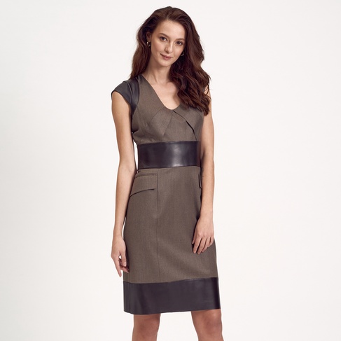  Kahve Deri Kombinli Kadın Elbise