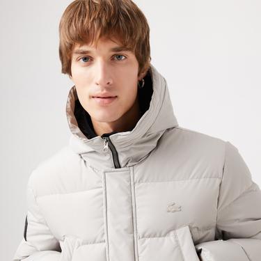  Erkek Kapüşonlu Gri Şişme Mont