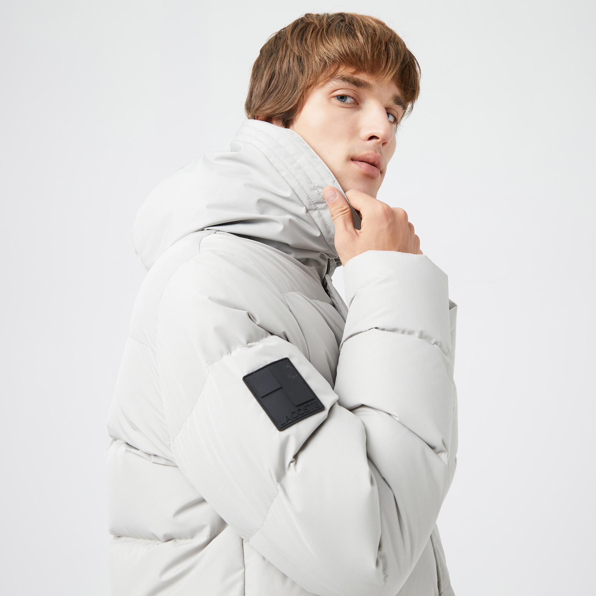 Erkek Kapüşonlu Gri Şişme Mont