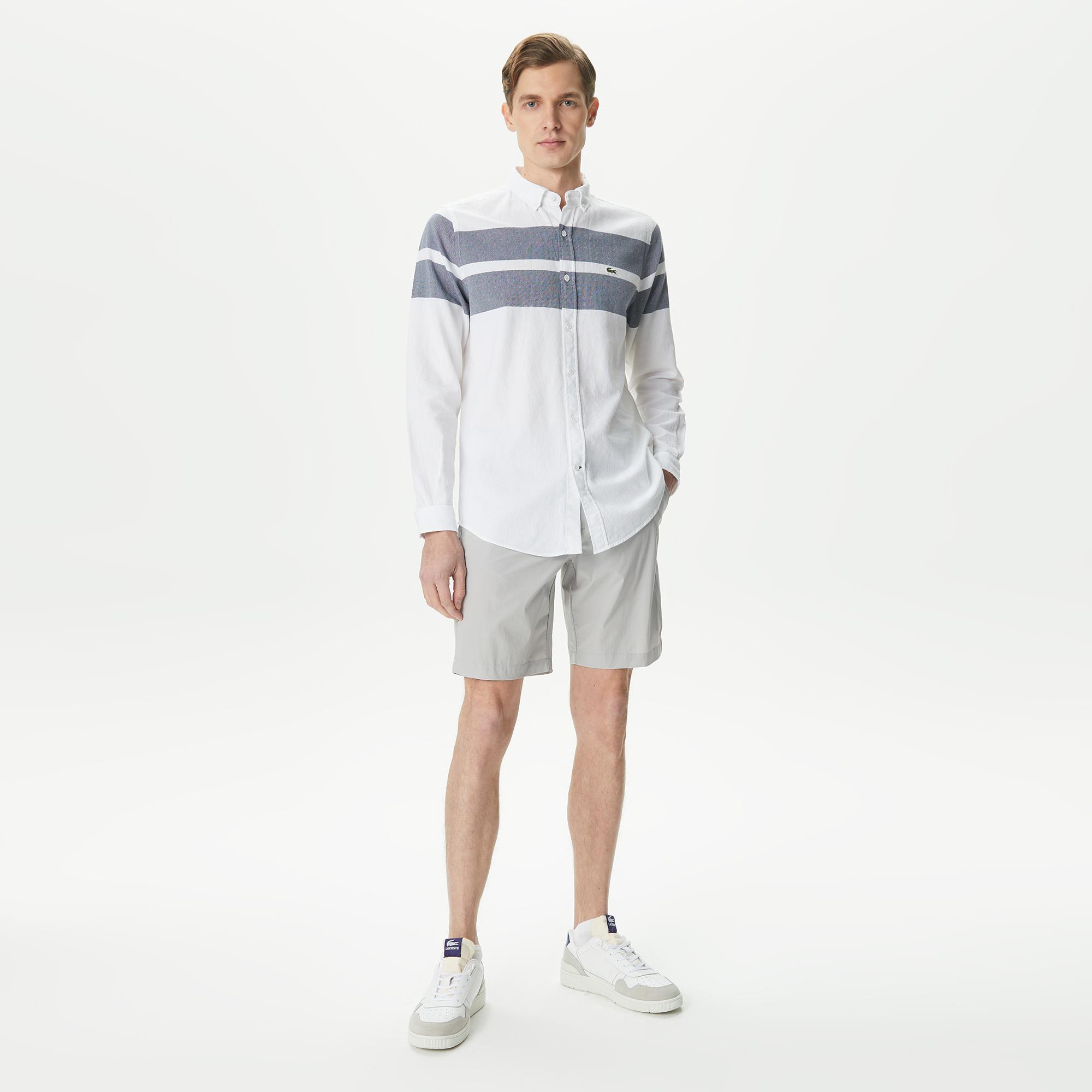 Erkek Slim Fit Renk Bloklu Beyaz Gömlek