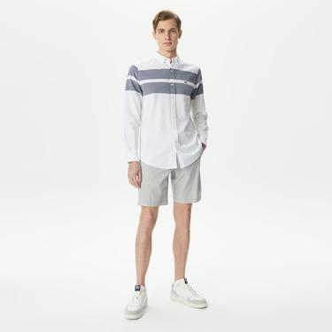  Erkek Slim Fit Renk Bloklu Beyaz Gömlek